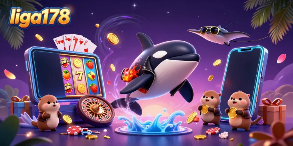 Gambler mempersembahkan jackpot di liga178 dengan hiu orca kartun dan ikan pari yang keren.
