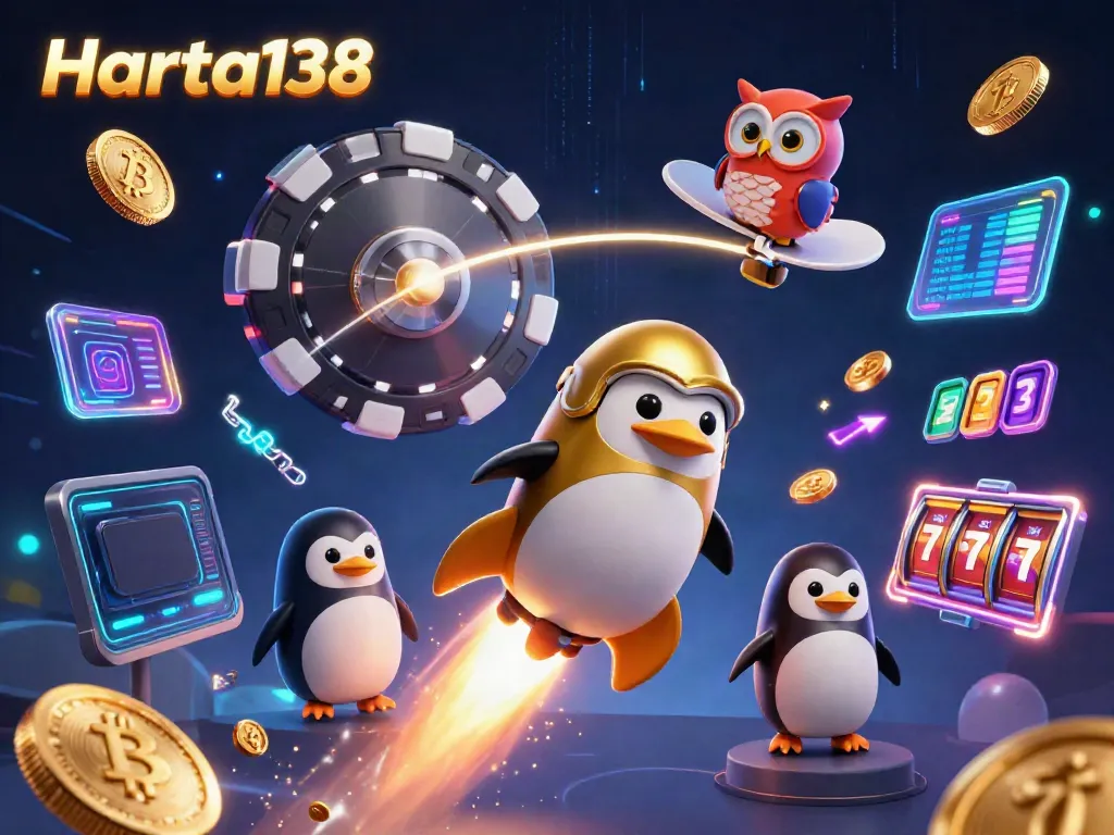 Menangkan jackpot di Harta138 dengan penguin emas dan simbol slot yang berkilauan.