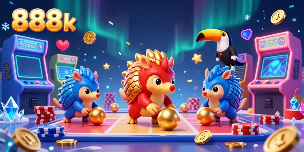 Celebrate gaming wins with 888k's dynamic pangolin duo bowling through poker chips.