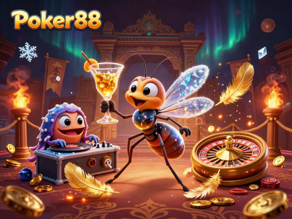 Experience the excitement of Poker88 with a vibrant casino scene full of animation and action.