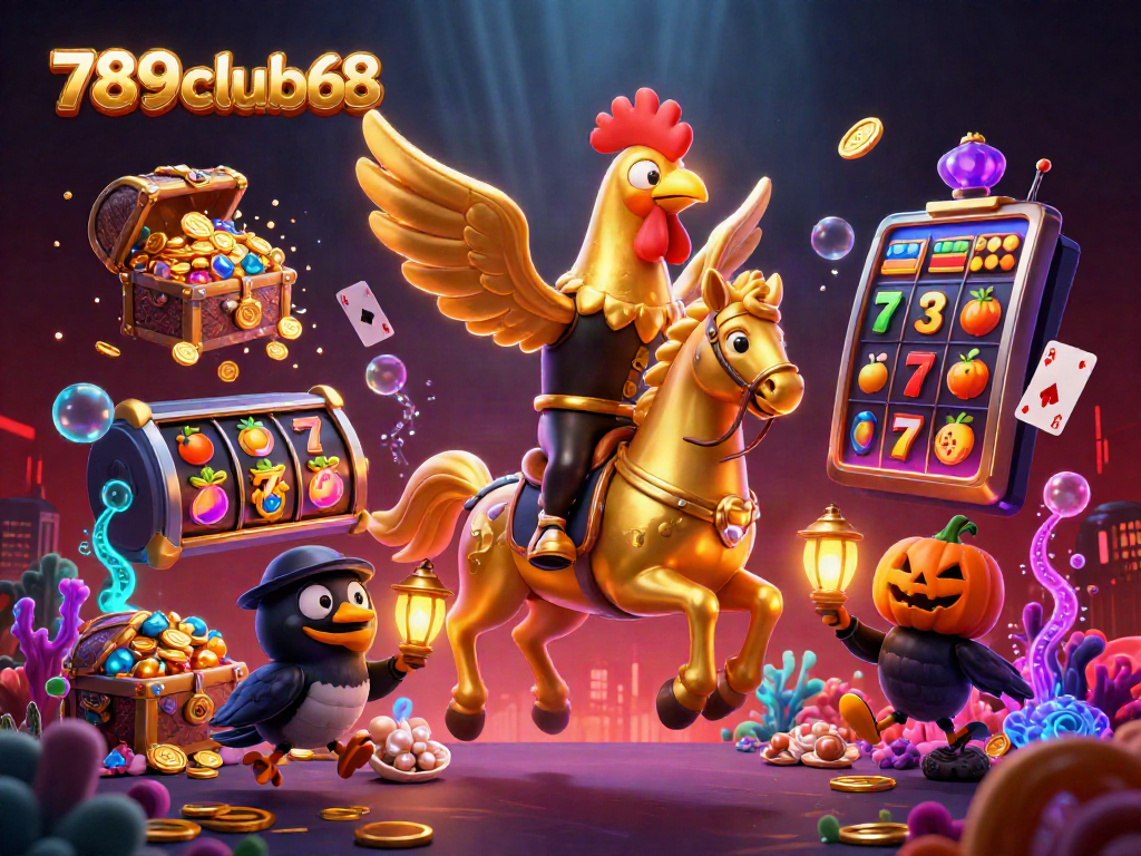Engage with 789club68's thrilling casino atmosphere featuring vibrant golden rooster and animated elements.
