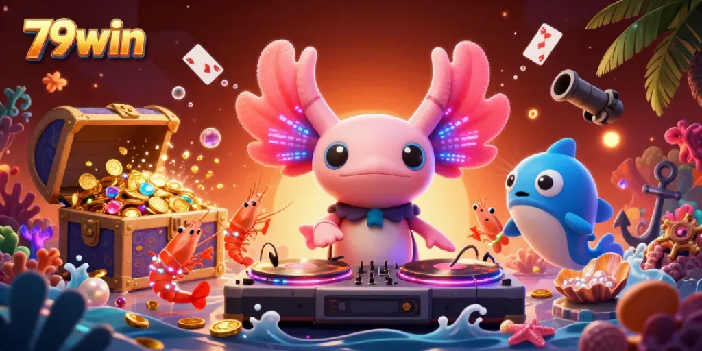 Engage in exciting underwater adventures with 79win's vibrant casino gaming scene featuring colorful characters and treasures.