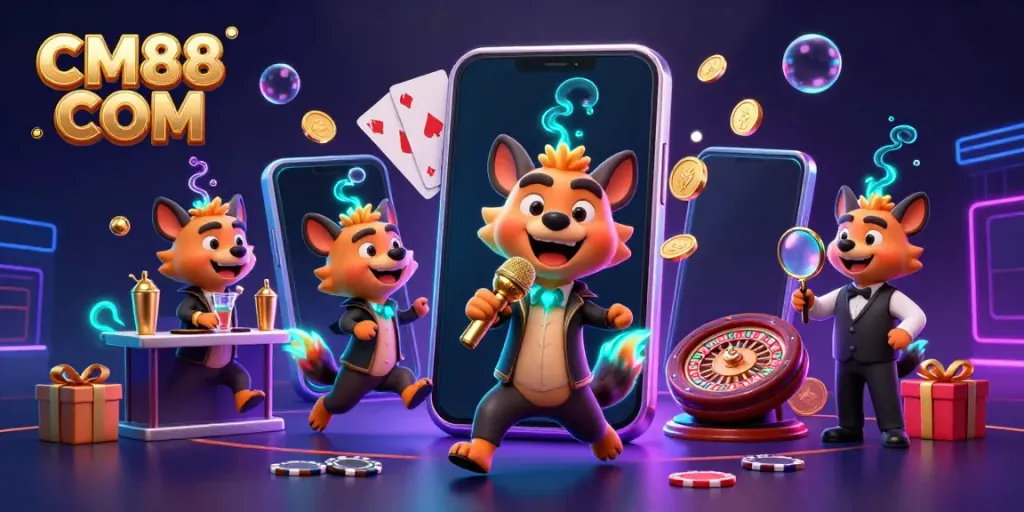 Experience thrill at CM88 COM casino with hyenas in a vibrant comic scene featuring fun games and laughter.