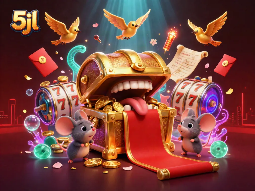 Experience the thrill of 5jl gaming with a treasure chest and playful mice in a lively casino scene.