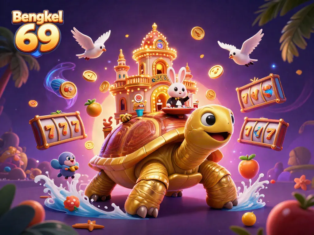 Bengkel 69 showcases a vibrant casino scene with a huge golden tortoise, slot game reels, and a rabbit dealer.
