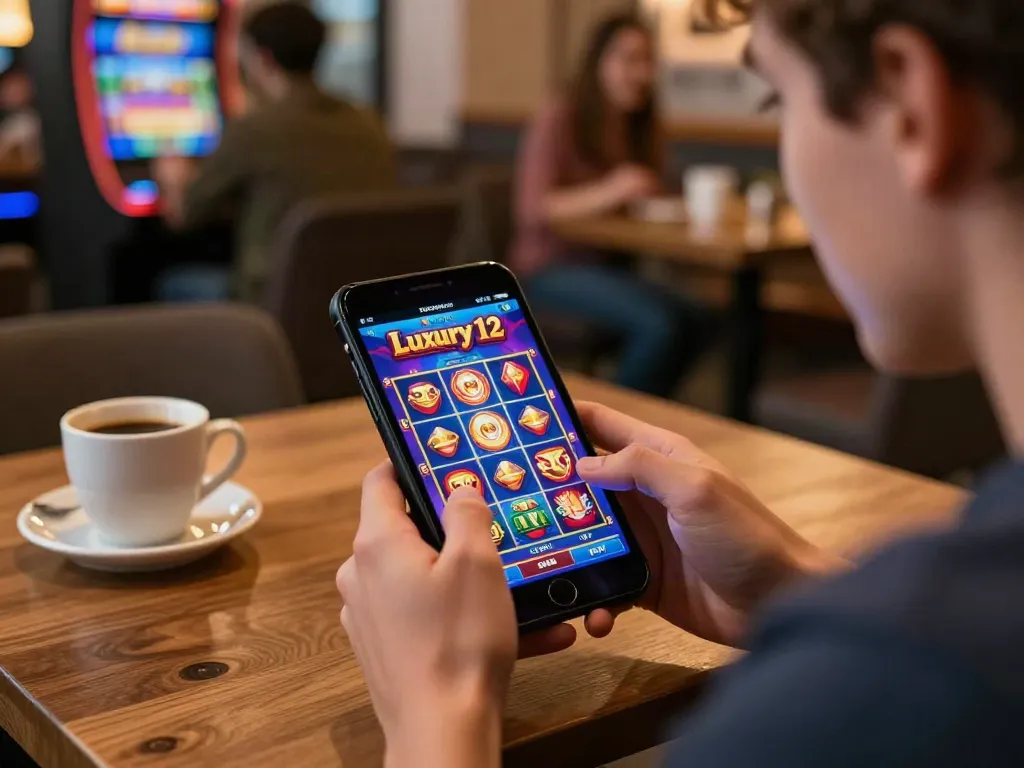 Luxury12 gaming experience with a player enjoying slots in a cozy café setting.