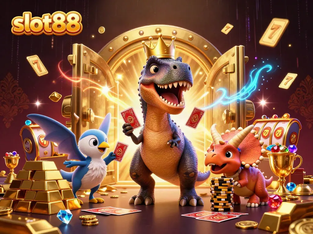 Bermain slot88 dengan dinasaurus lucu di latar belakang yang berkilauan dan harta karun menunggu.