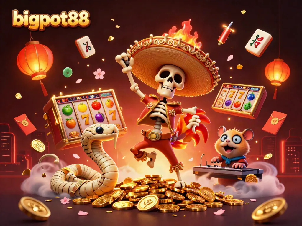 Experience bigpot88's lively gaming adventure with a mariachi rooster, mummy snake, and DJ hamster celebrating.