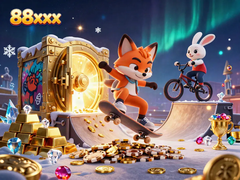 Experience the thrill of 88xx gaming with vibrant 3D characters amidst golden treasures and casino symbols.