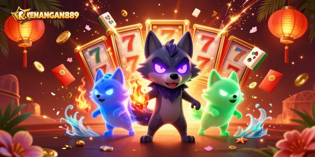 Engage with KENANGAN889's thrilling slots arena featuring spectral wolves and vibrant game elements.