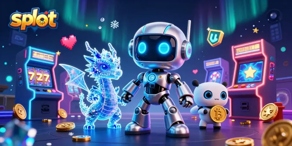 Pemain slot memutar gulungan mesin slot digital dengan simbol berwarna cerah dan mesin arcade futuristik di latar belakang.
