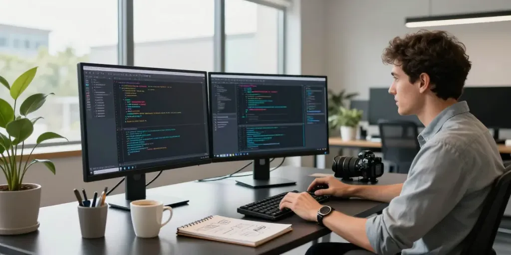 Innovative workspace showcasing software development with a80 technology integration.