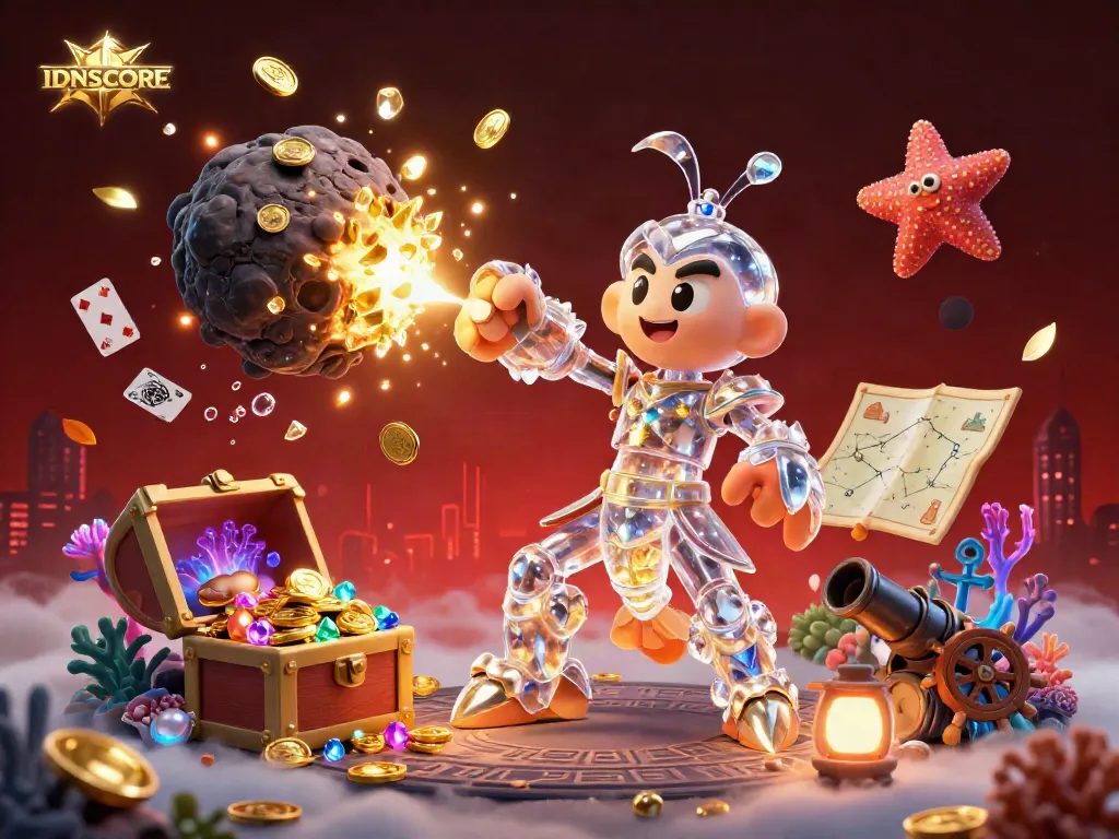 IDNSCORE showcases a vibrant 3D illustration, featuring galactic samurai and treasure amidst dynamic gaming elements.