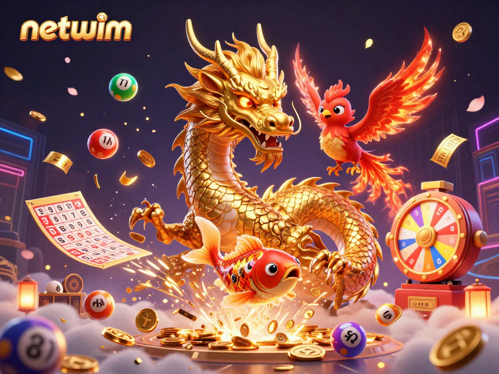 Experience thrilling wins at netwim with a dynamic 3D illustration featuring vibrant casino elements.