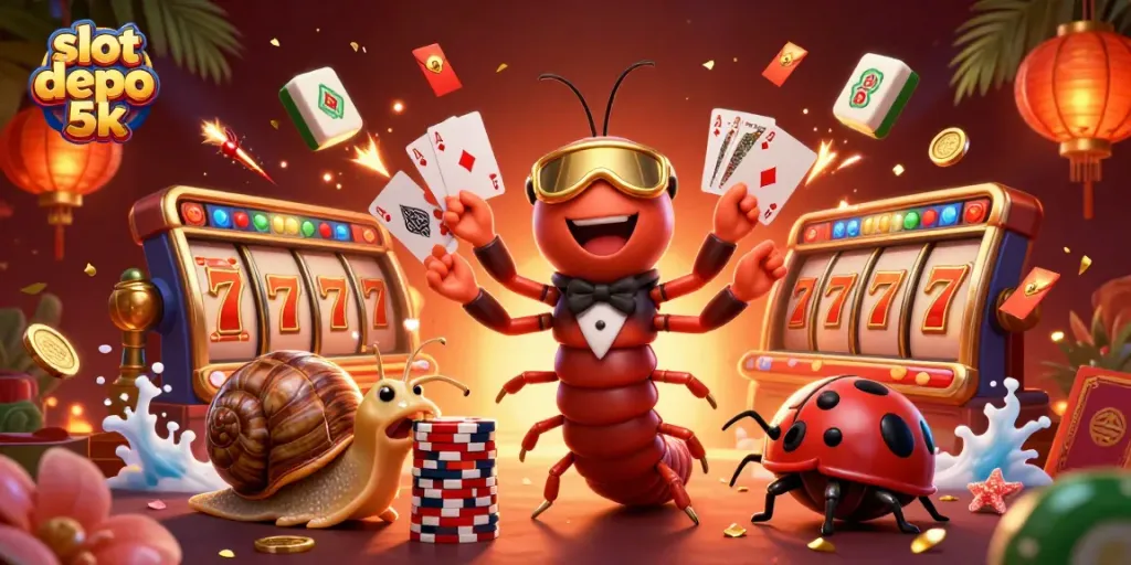 Experience the thrill of slot depo 5k with a vibrant scene of a 3D dealer and high-roller action.