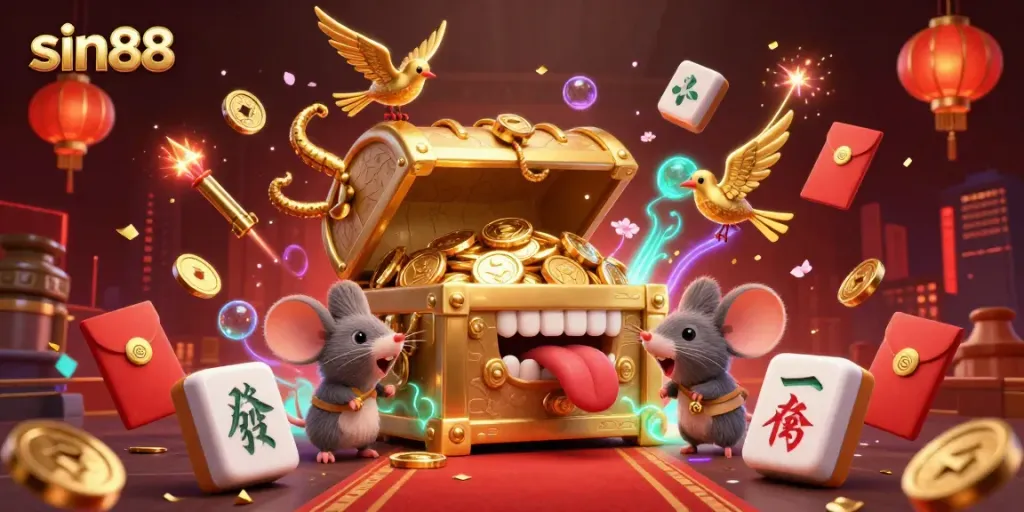 Engage with the vibrant treasures of sin88, enticing adventurer mice in a colorful casino scene filled with golden rewards.