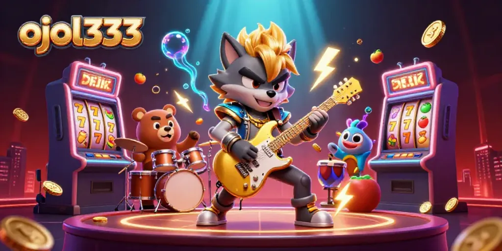 Engage with ojol333's vibrant casino scene featuring a rock star wolf and playful bear amidst rich slot elements.