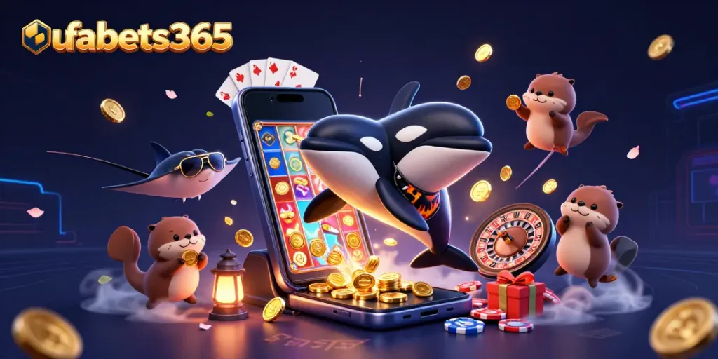 Engage with ufabets365 through a vibrant scene of an orca whale, stingray, and otters showcasing online casino excitement.