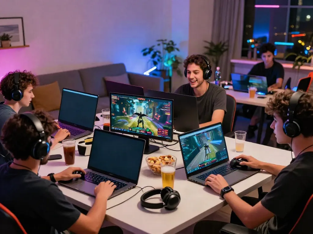 Gamers experiencing Batman138’s online platform in a vibrant modern lounge setting.