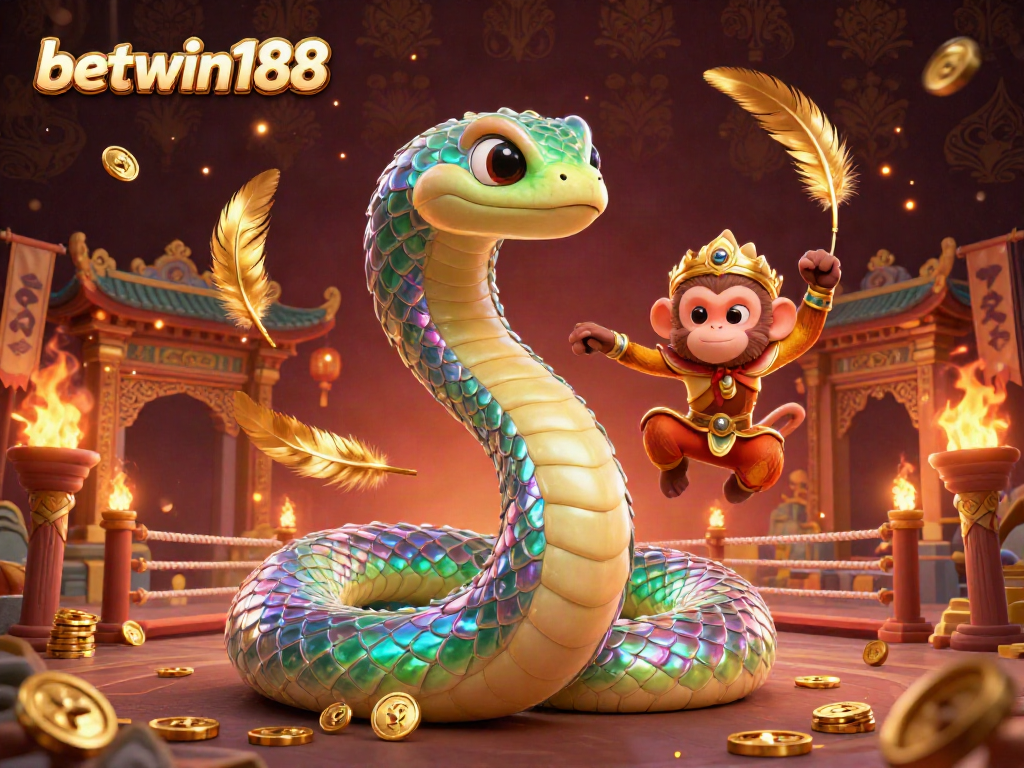 Engage with betwin188 in a vibrant 3D illustration featuring a rainbow serpent and monkey king amidst gold coins.