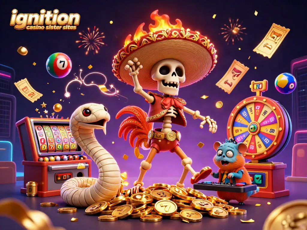 Celebrate with exciting games at ignition casino sister sites featuring vibrant 3D characters and casino elements.