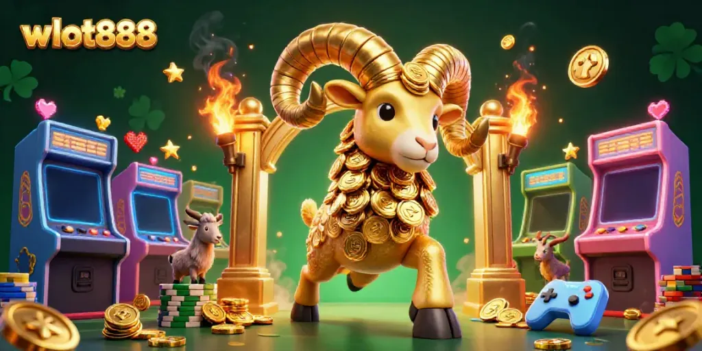 Menangkan jackpot dengan wslot888, ilustrasi keren dari kasino 3D yang penuh warna dan energik.