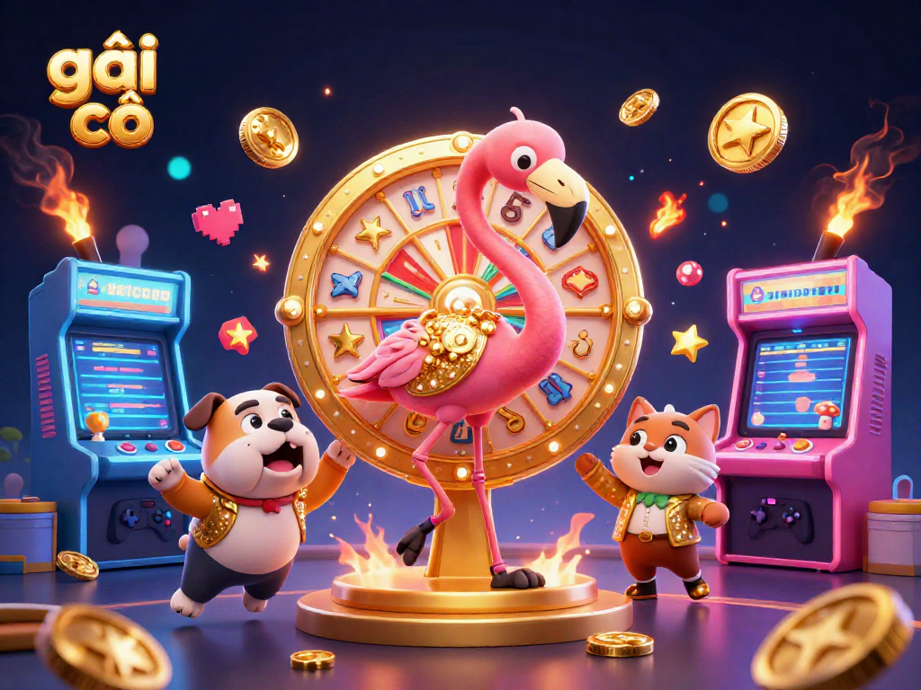 Engaging scene of the animated flamingo host and bulldog contestant celebrating in the casino, maximizing excitement and opportunities with gái gọi
