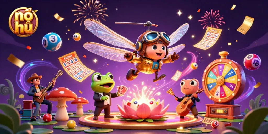 Experience nổ hũ excitement with vibrant characters and dynamic casino elements in a festive illustration.