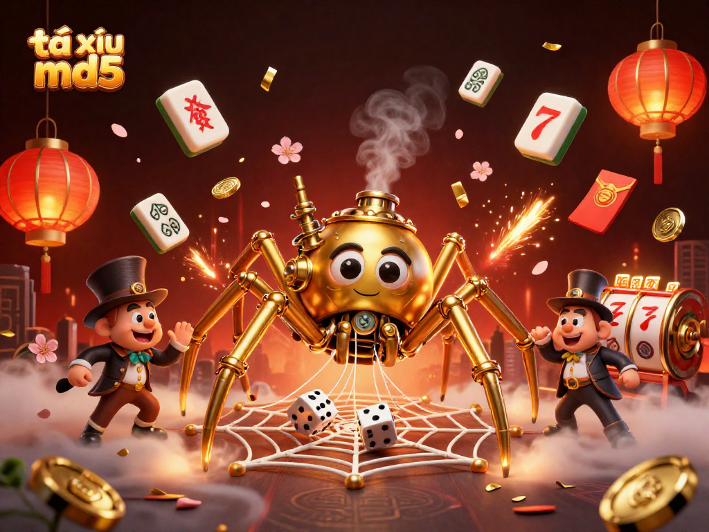 Experience high-stakes gaming with tài xỉu md5 amidst golden spider webs and dynamic casino elements.