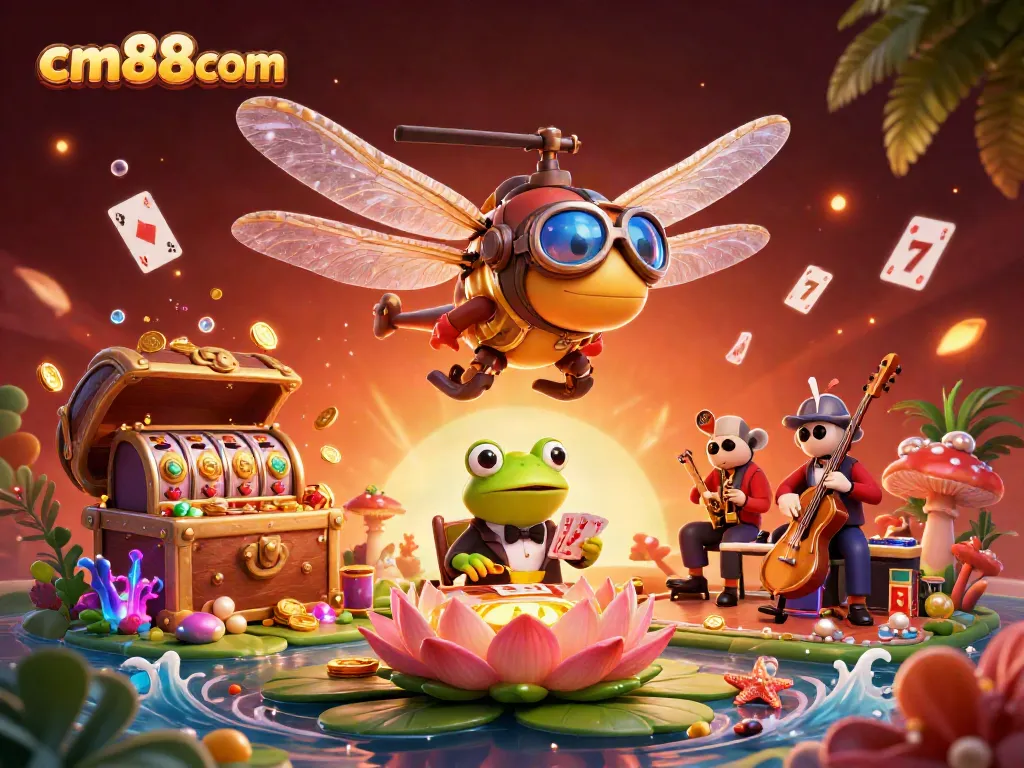 Experience the thrilling world of cm88com with a vibrant dragonfly pilot, frog croupier, and jazzy musicians at a lily pad casino.