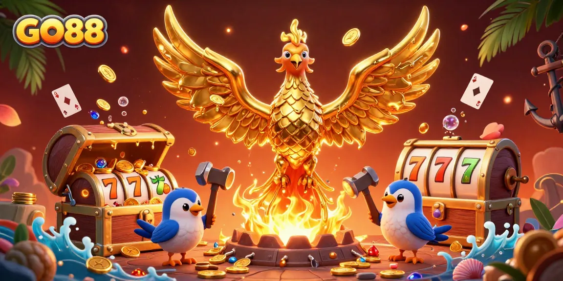 Win with GO88 in a vibrant casino scene featuring golden phoenix and slot machines.