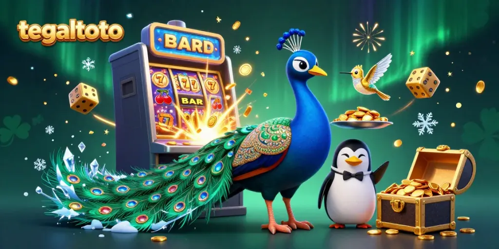 Memenangkan jackpot di tegaltoto dengan slot menyerupai burung merak, dengan koin emas dan cahaya yang bersinar.