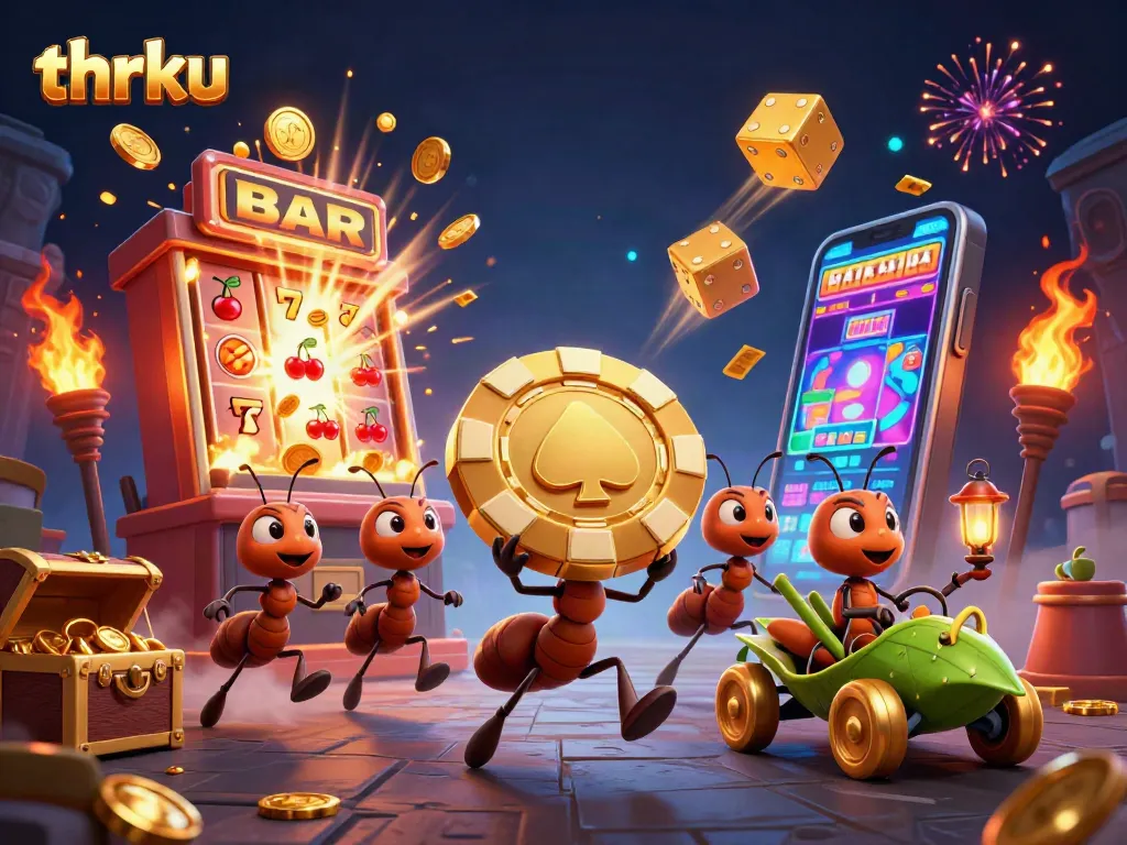 Thrku captures a thrilling heist scene with cartoon ants, poker chips, and casino elements in a dynamic illustration.