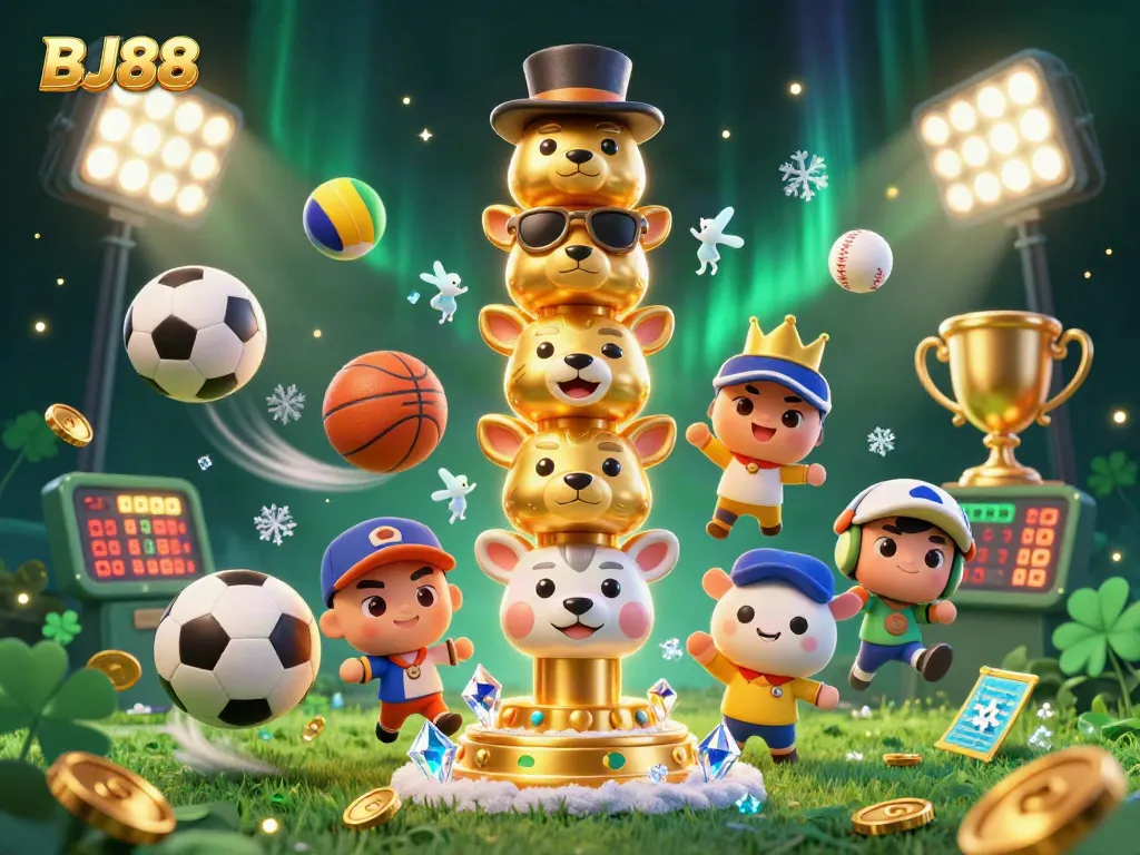 BJ88 captivates players with lively 3D casino scene featuring a golden totem pole and dynamic sports elements.