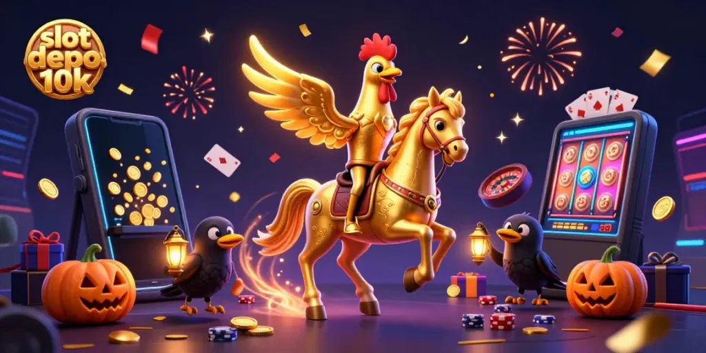 Engage with the thrilling "slot depo 10k" scene showcasing a vibrant casino atmosphere with dynamic characters and games.