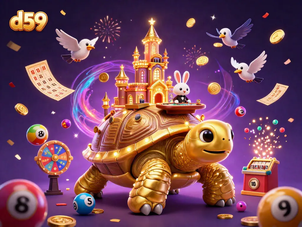 Experience luck with d59 slots, featuring a vibrant golden tortoise casino scene.