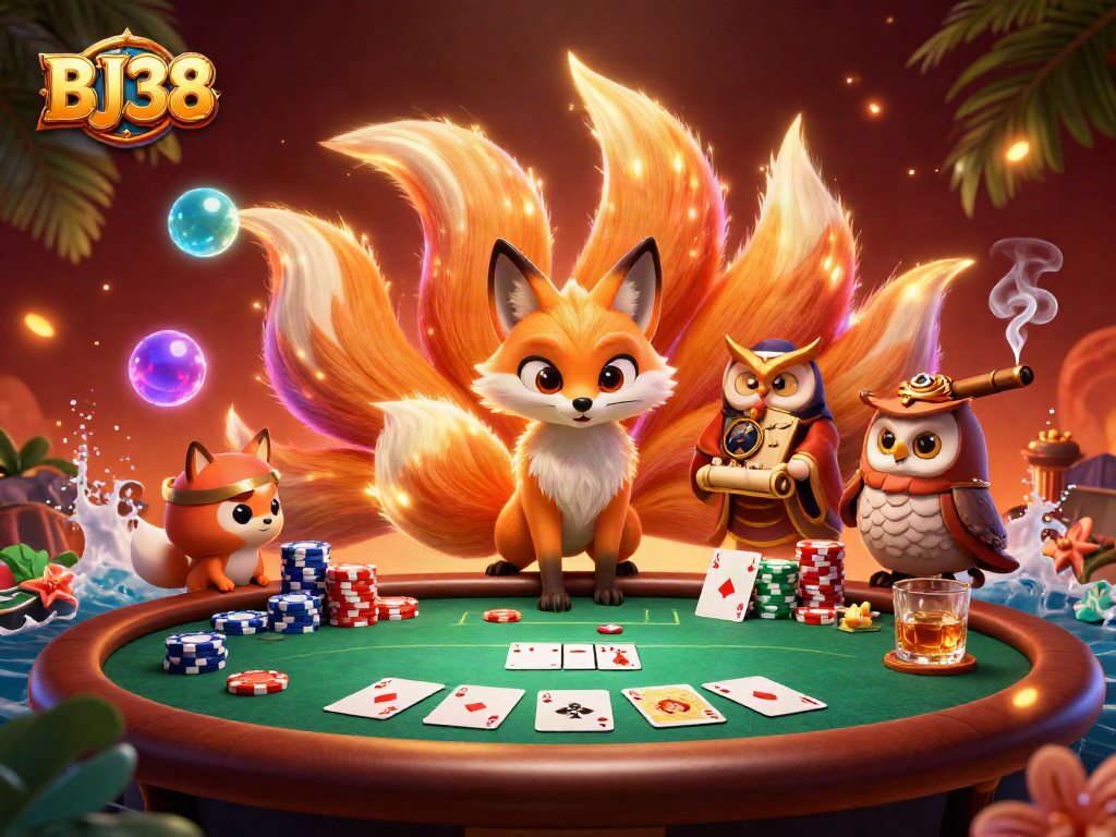 BJ38 showcases a vibrant poker scene featuring a glowing spirit and rich casino elements.