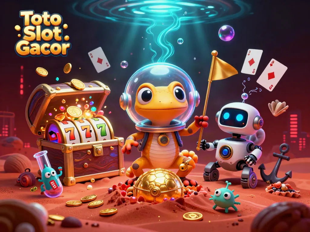 Gambar penuh warna Martian gecko menemukan kasino emas dalam konsep Toto Slot Gacor.