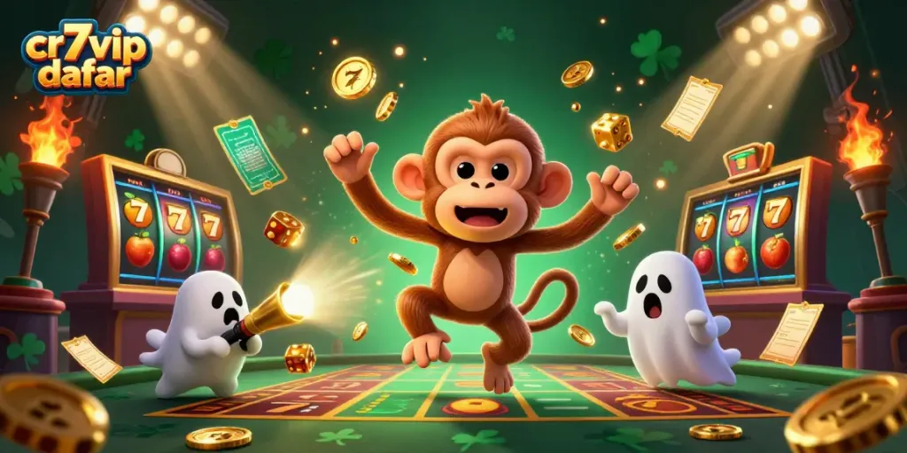 Ilustrasi 3D cr7vip daftar menunjukkan monyet poltergeist dan anjing pemburu hantu di kasino penuh harta.