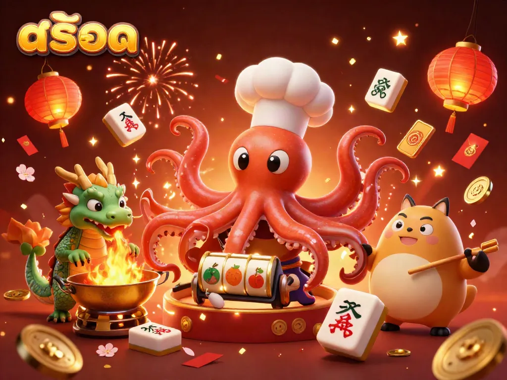 Engaging cartoon illustration of สล็อต scene with vibrant characters, slot reels, and festive decorations.