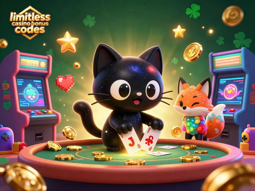 Engaging depiction of limitless casino bonus codes featuring a cosmic cat character attracting chips and cards at a vibrant gaming table.