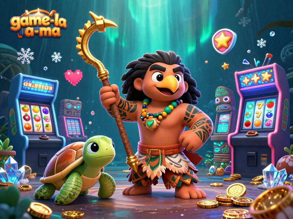 Engage in thrilling slot adventures with game-la-ma's Polynesian-themed illustration featuring vibrant casino elements.