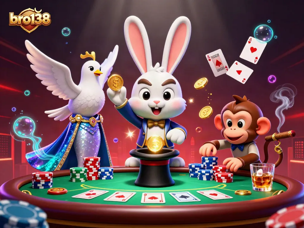 Experience thrilling gameplay at bro138 with a magician rabbit revealing golden coins amidst poker excitement.