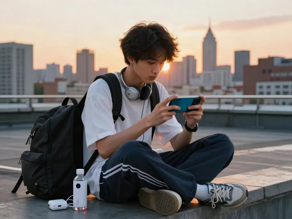 Engaged gamer enjoying akunjp gameplay on a city rooftop at sunset.