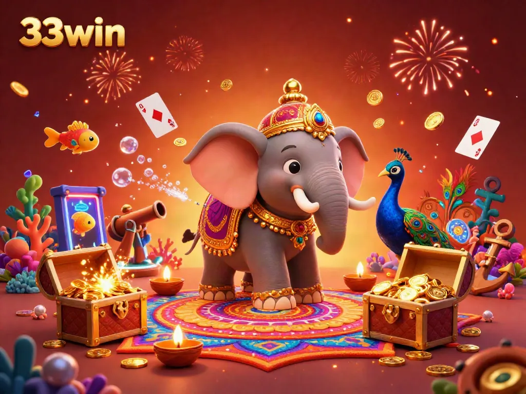 Experience vibrant gambling action with a dazzling 33win-themed scene featuring a Diwali elephant surrounded by colorful elements.