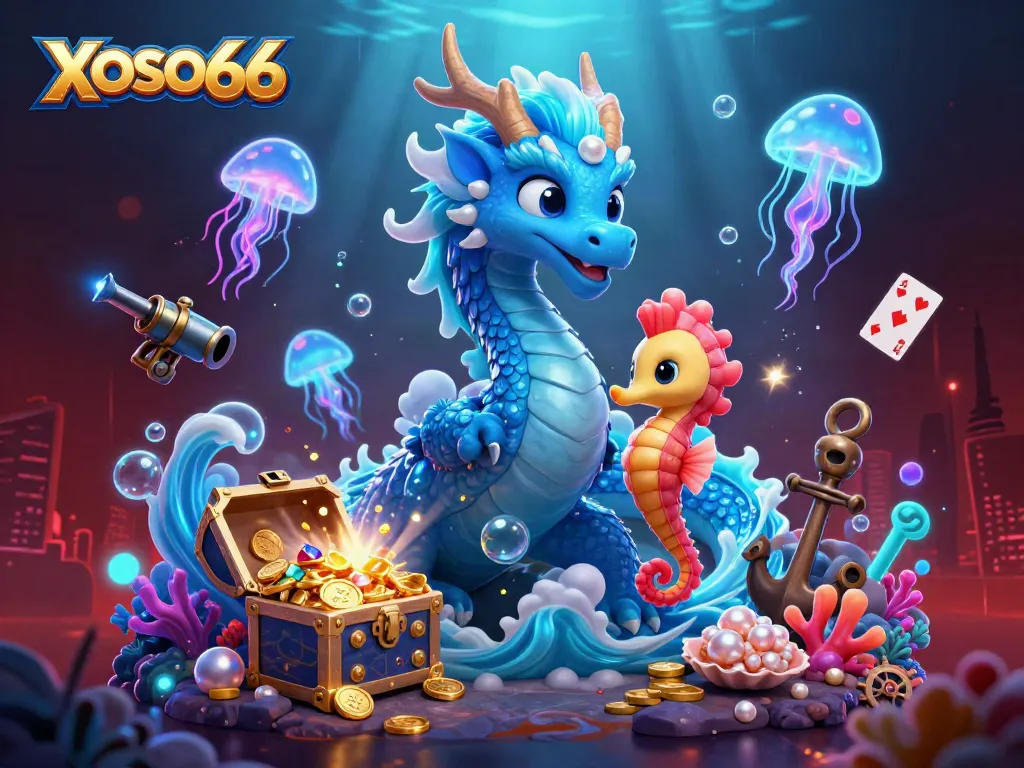 Engage with XOSO66's thrilling underwater gaming adventure featuring a vibrant azure dragon and coral treasures.