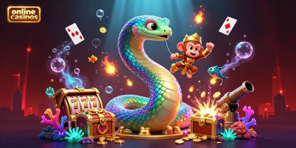 Discover engaging online casinos with vibrant scenes featuring exciting game elements and characters.