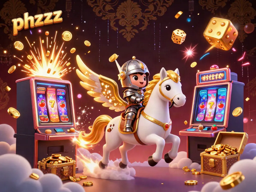 Spin the reels in phzzz with a magical horse and knight amidst jackpot fireworks and golden treasures.