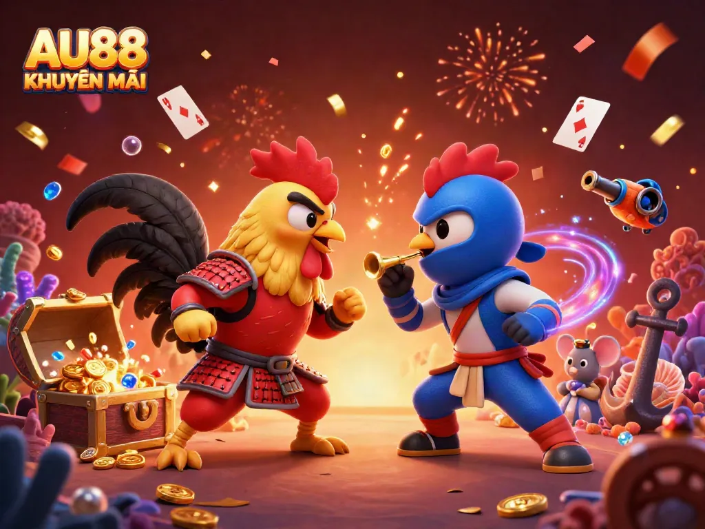 Experience the thrill of AU88 KHUYẾN MÃI with fighting roosters in a spectacular 3D casino battle.