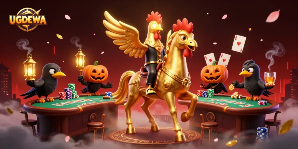 Experience the thrill of UGDEWA as a golden rooster navigates a vibrant casino atmosphere.